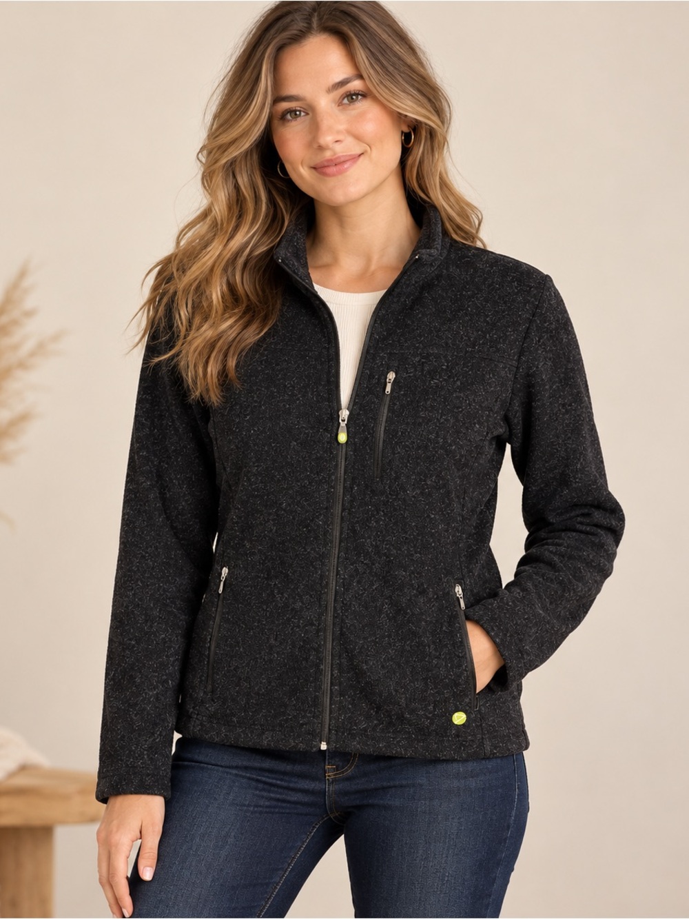 Dakini Women S Black Fuzzy Full Zip Pockets Sweater Jacket
